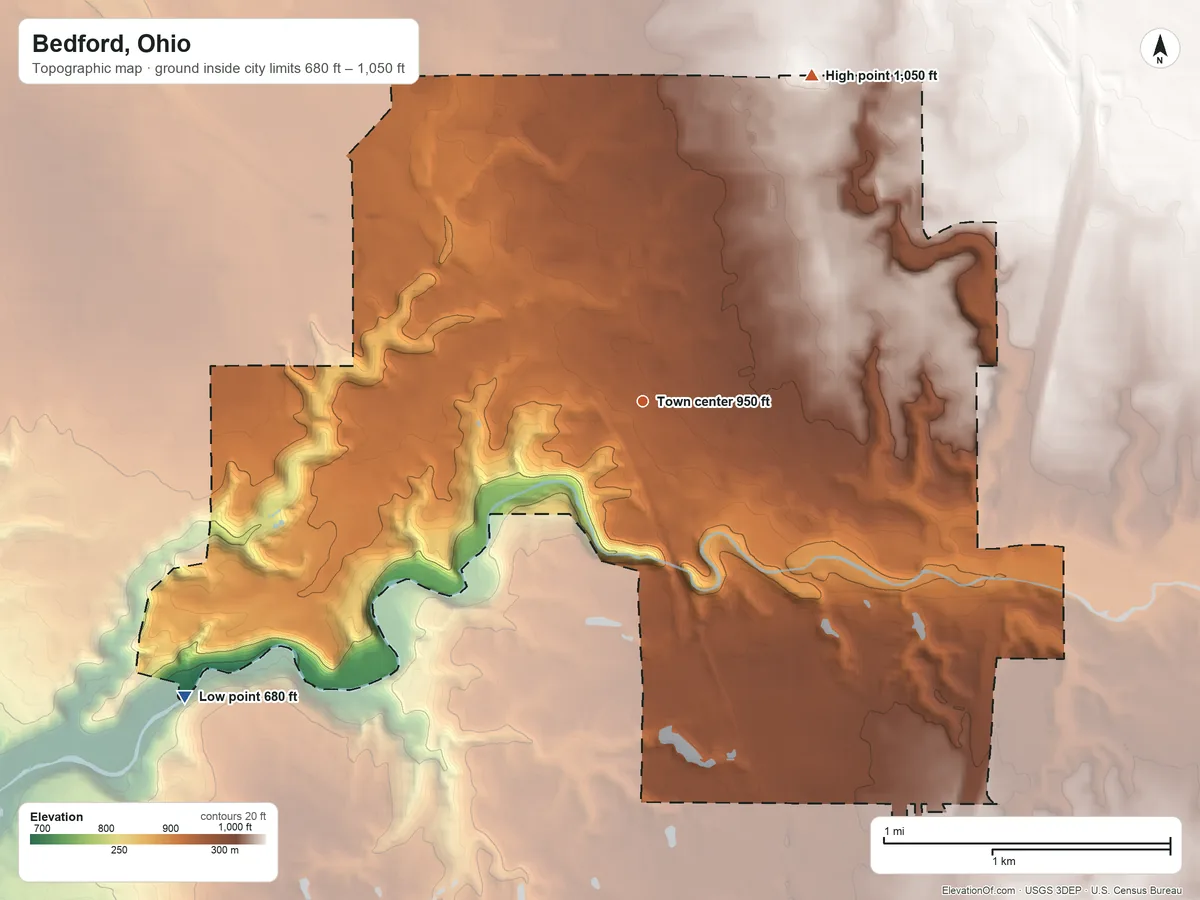 Topographic elevation map of Bedford, Ohio, shaded from 680 ft on the southwest side to 1,050 ft on the northeast side