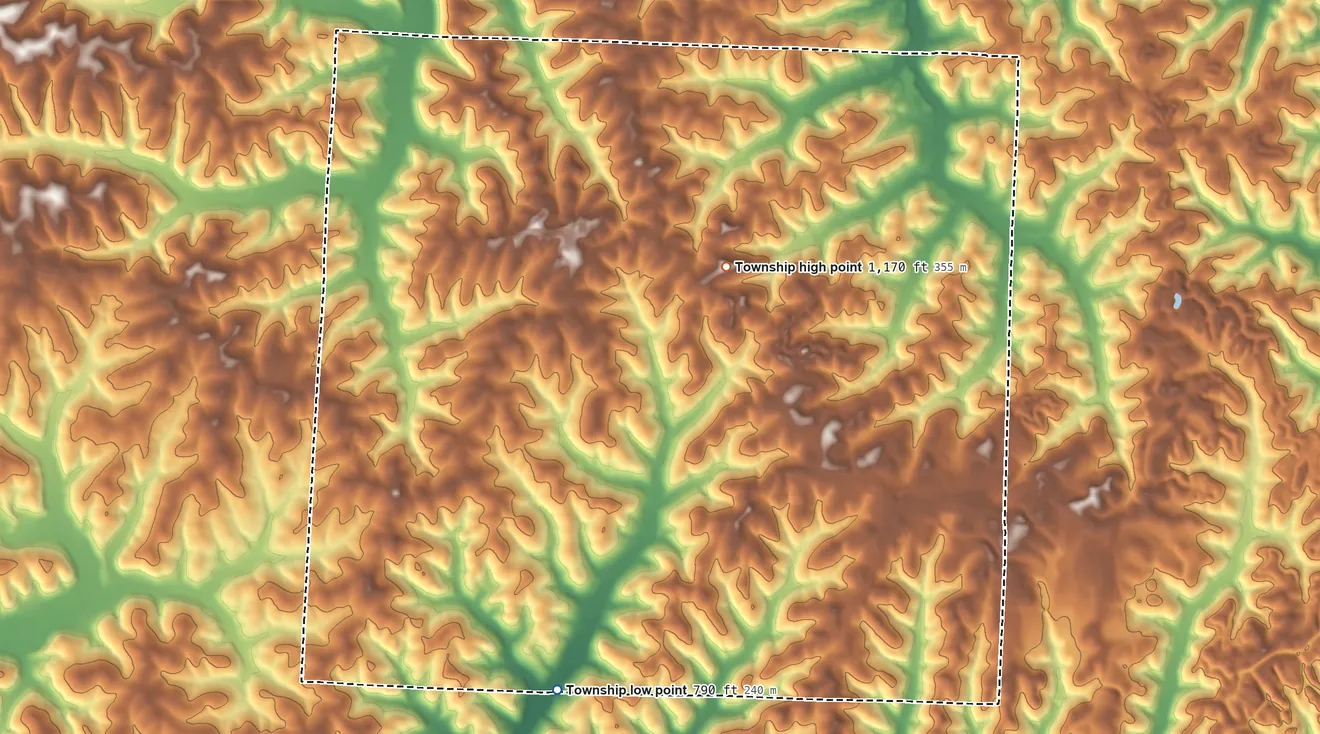 Topographic elevation map of Bedford Township, Coshocton County, Ohio, shaded from 790 ft on the south side to 1,170 ft on the northeast side