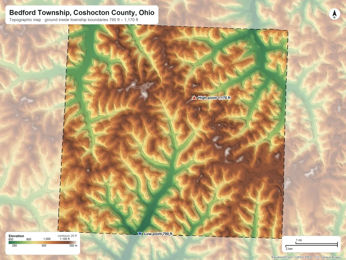 Topographic elevation map of Bedford Township, Coshocton County, Ohio, shaded from 790 ft on the south side to 1,170 ft on the northeast side