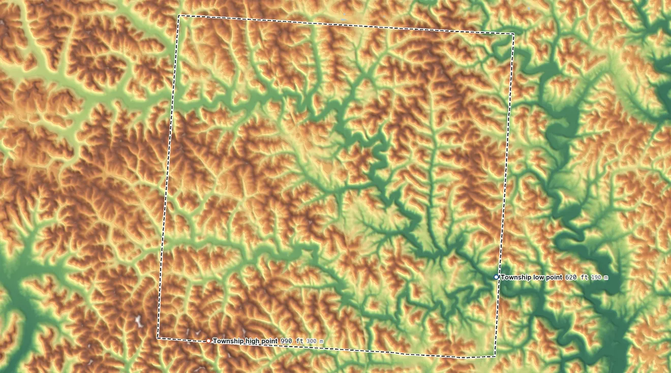 Topographic elevation map of Bedford Township, Ohio, shaded from 620 ft on the southeast side to 990 ft on the southwest side
