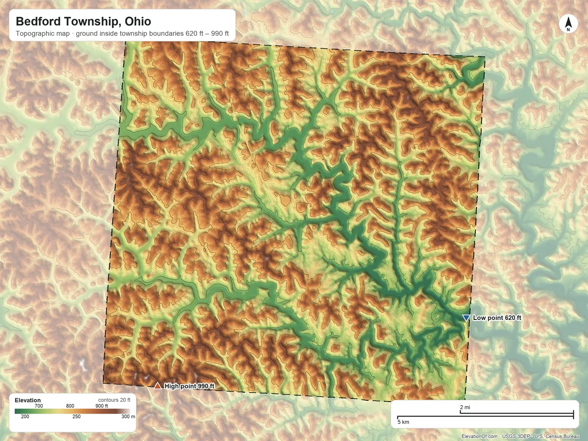 Topographic elevation map of Bedford Township, Ohio, shaded from 620 ft on the southeast side to 990 ft on the southwest side
