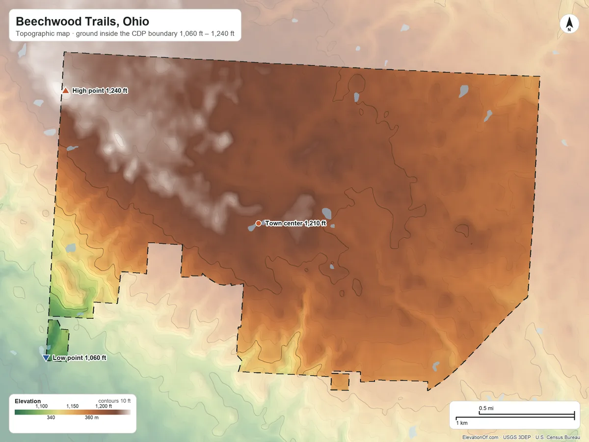 Topographic elevation map of Beechwood Trails, Ohio, shaded from 1,060 ft on the southwest side to 1,240 ft on the northwest side