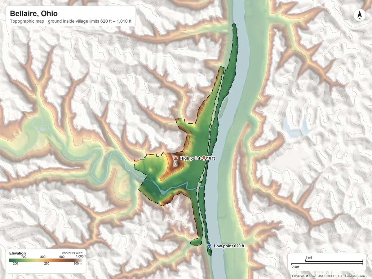 Topographic elevation map of Bellaire, Ohio, shaded from 620 ft on the south side to 1,010 ft on the west side