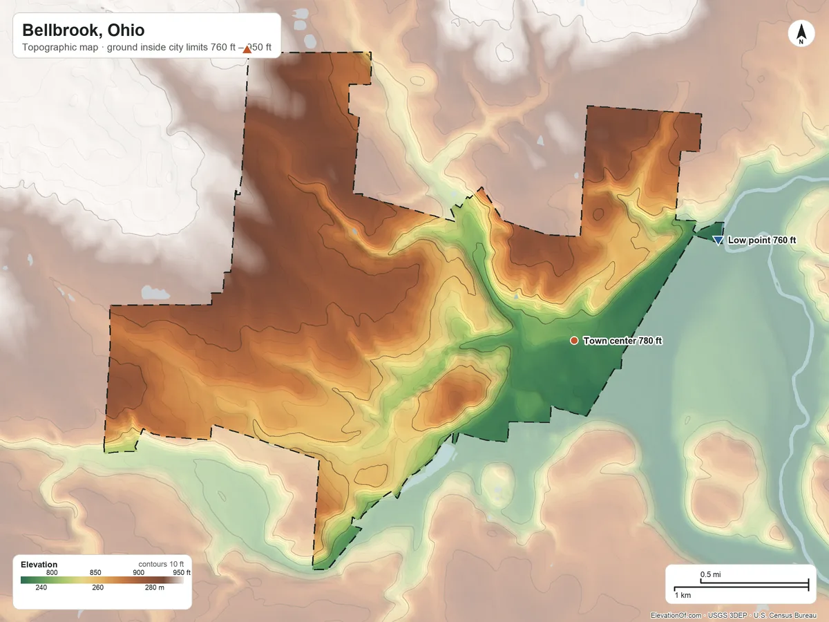 Topographic elevation map of Bellbrook, Ohio, shaded from 760 ft on the northeast side to 950 ft on the northwest side