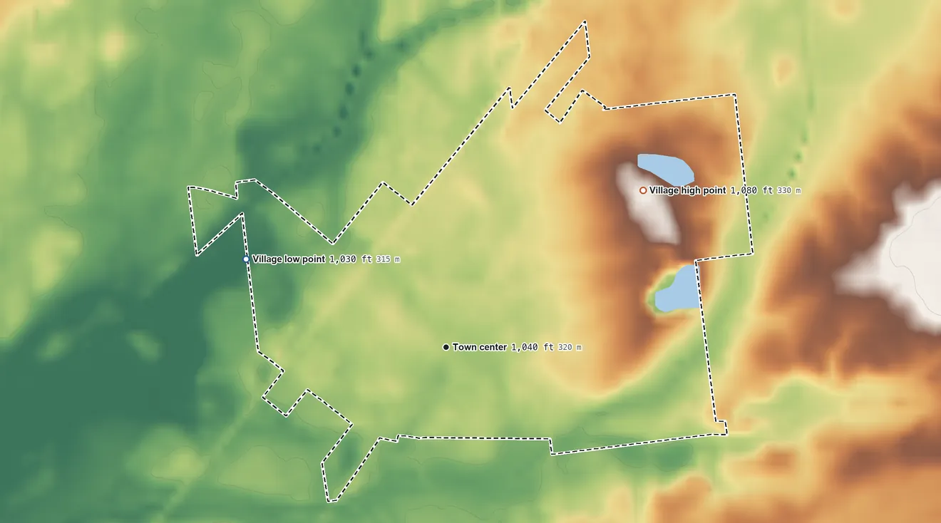 Topographic elevation map of Belle Center, Ohio, shaded from 1,030 ft on the northwest side to 1,080 ft on the northeast side