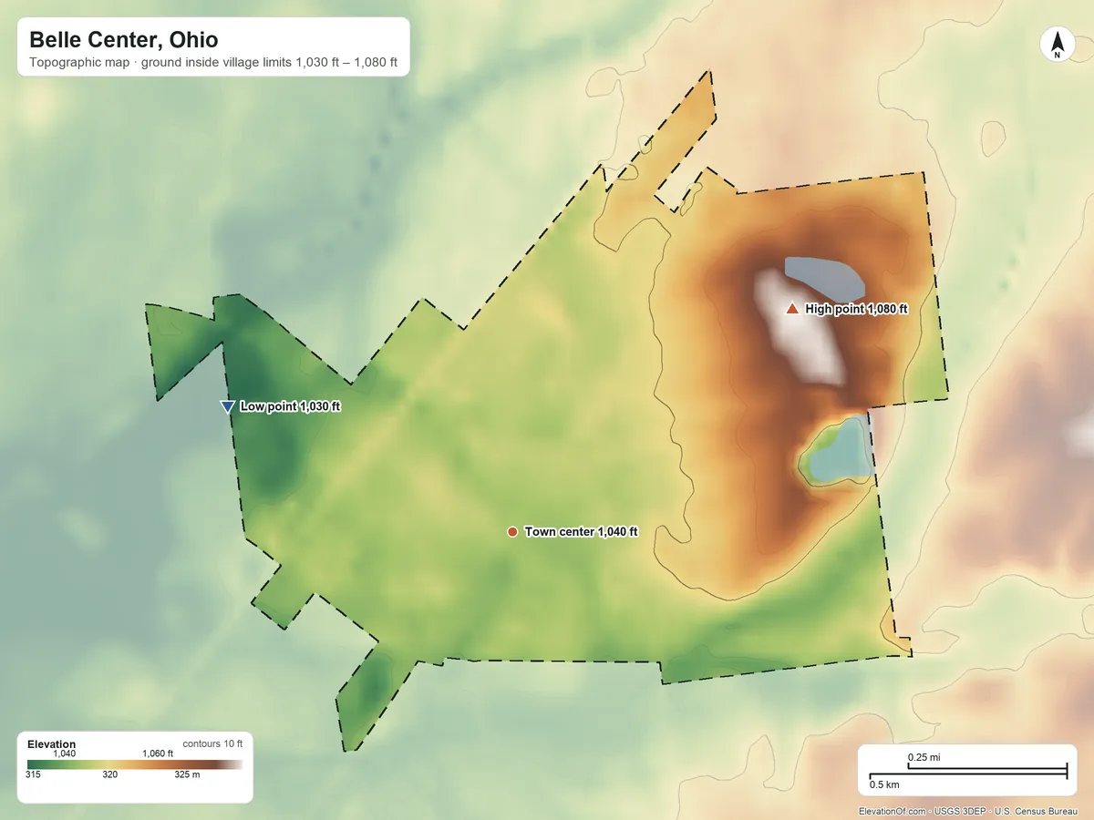 Topographic elevation map of Belle Center, Ohio, shaded from 1,030 ft on the northwest side to 1,080 ft on the northeast side