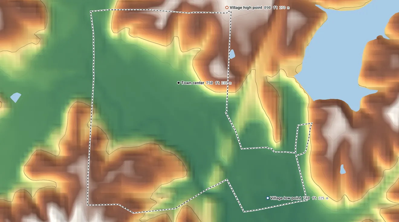 Topographic elevation map of Belle Valley, Ohio, shaded from 740 ft on the southeast side to 890 ft on the northeast side