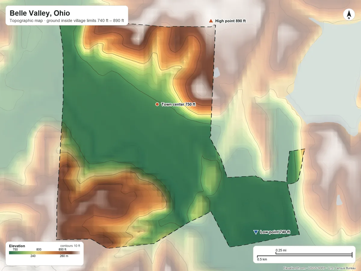 Topographic elevation map of Belle Valley, Ohio, shaded from 740 ft on the southeast side to 890 ft on the northeast side