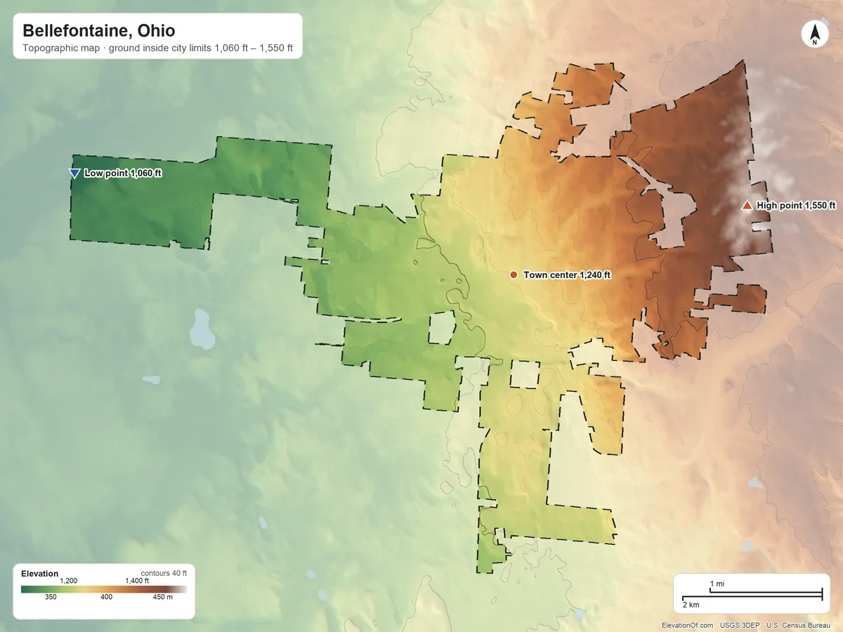 Topographic elevation map of Bellefontaine, Ohio, shaded from 1,060 ft on the west side to 1,550 ft on Campbell Hill