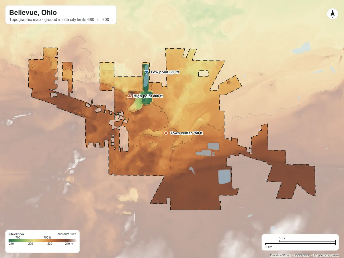 Topographic elevation map of Bellevue, Ohio, shaded from 680 ft on the north side to 800 ft on the northwest side