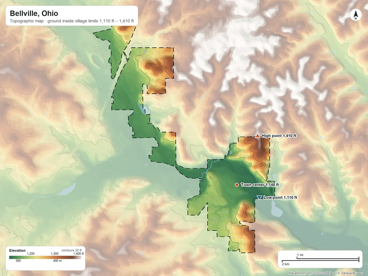 Topographic elevation map of Bellville, Ohio, shaded from 1,110 ft near the middle to 1,410 ft on the northeast side