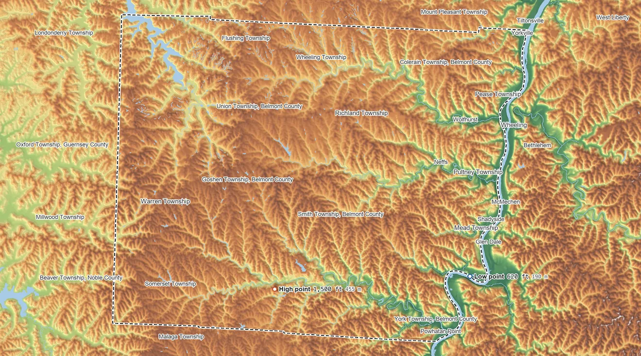Topographic elevation map of Belmont County, Ohio, shaded from 620 ft on the southeast side to 1,500 ft on the south side