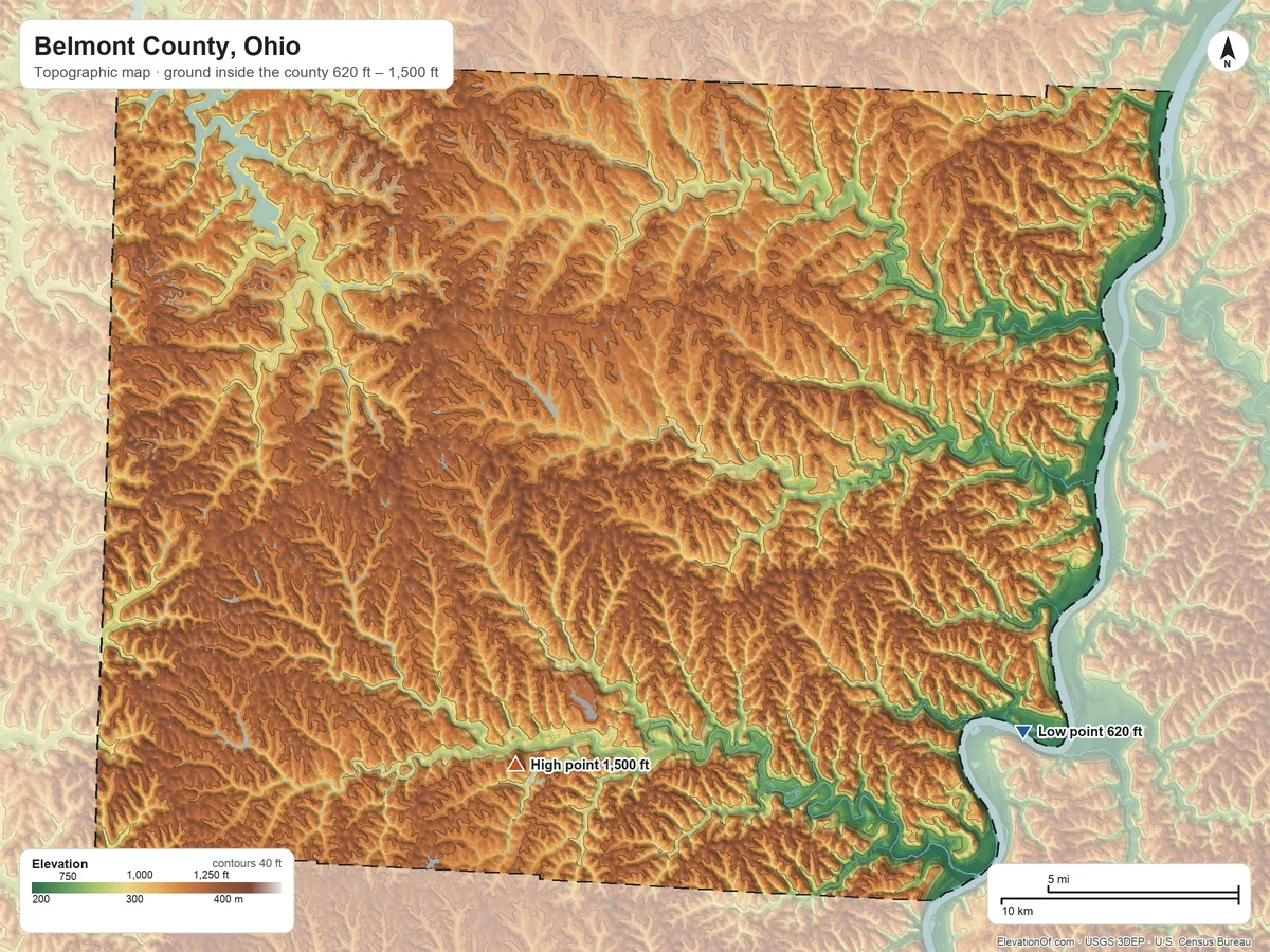 Topographic elevation map of Belmont County, Ohio, shaded from 620 ft on the southeast side to 1,500 ft on the south side