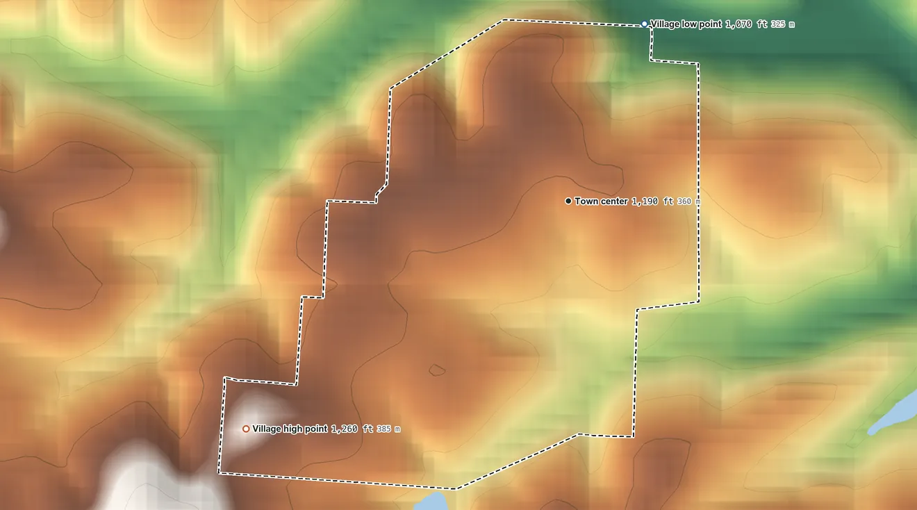 Topographic elevation map of Belmont, Ohio, shaded from 1,070 ft on the northeast side to 1,260 ft on the southwest side