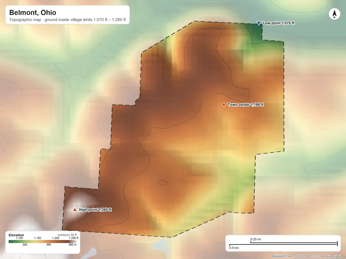 Topographic elevation map of Belmont, Ohio, shaded from 1,070 ft on the northeast side to 1,260 ft on the southwest side