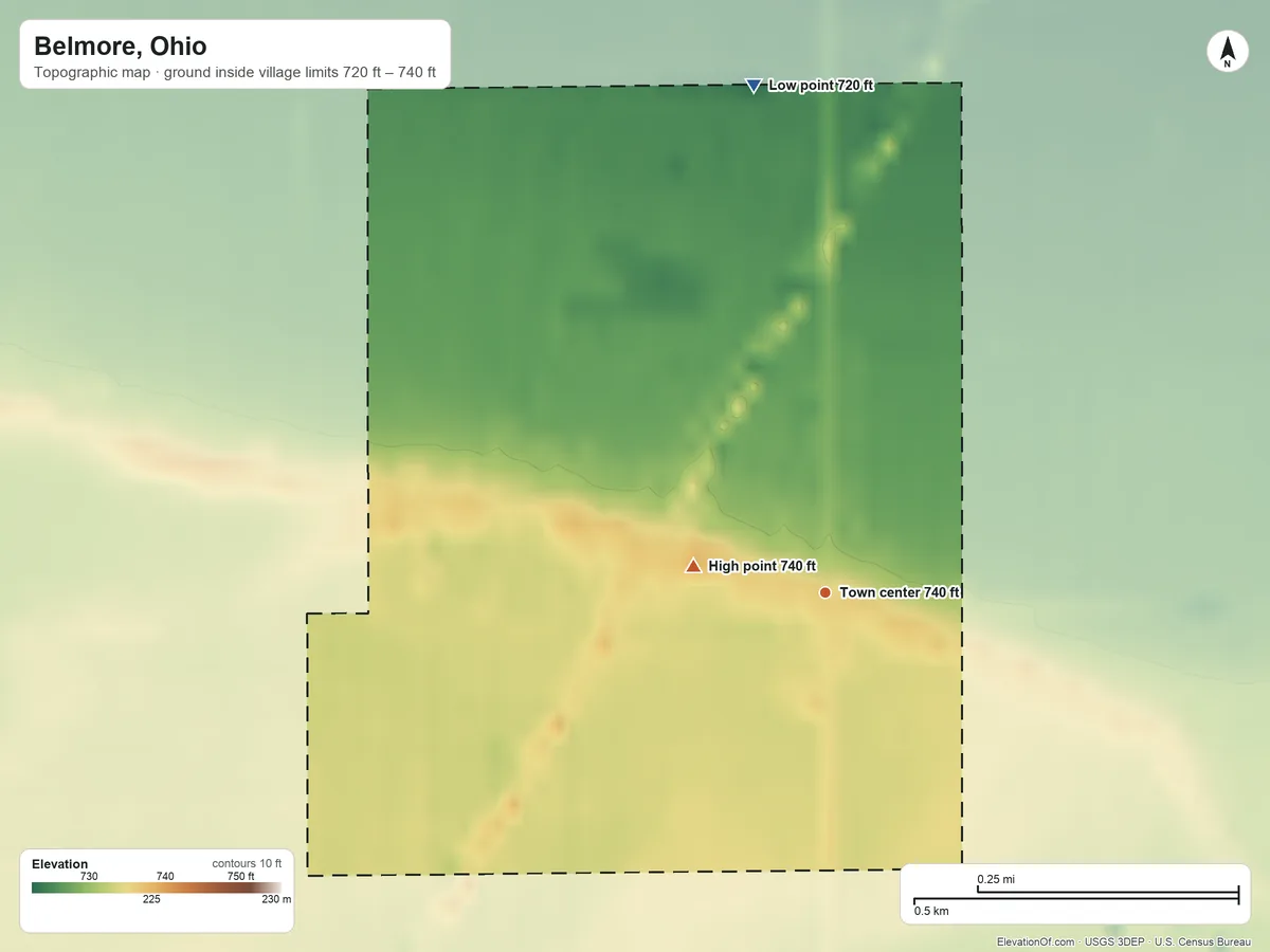 Topographic elevation map of Belmore, Ohio, shaded from 720 ft on the north side to 740 ft on the west side