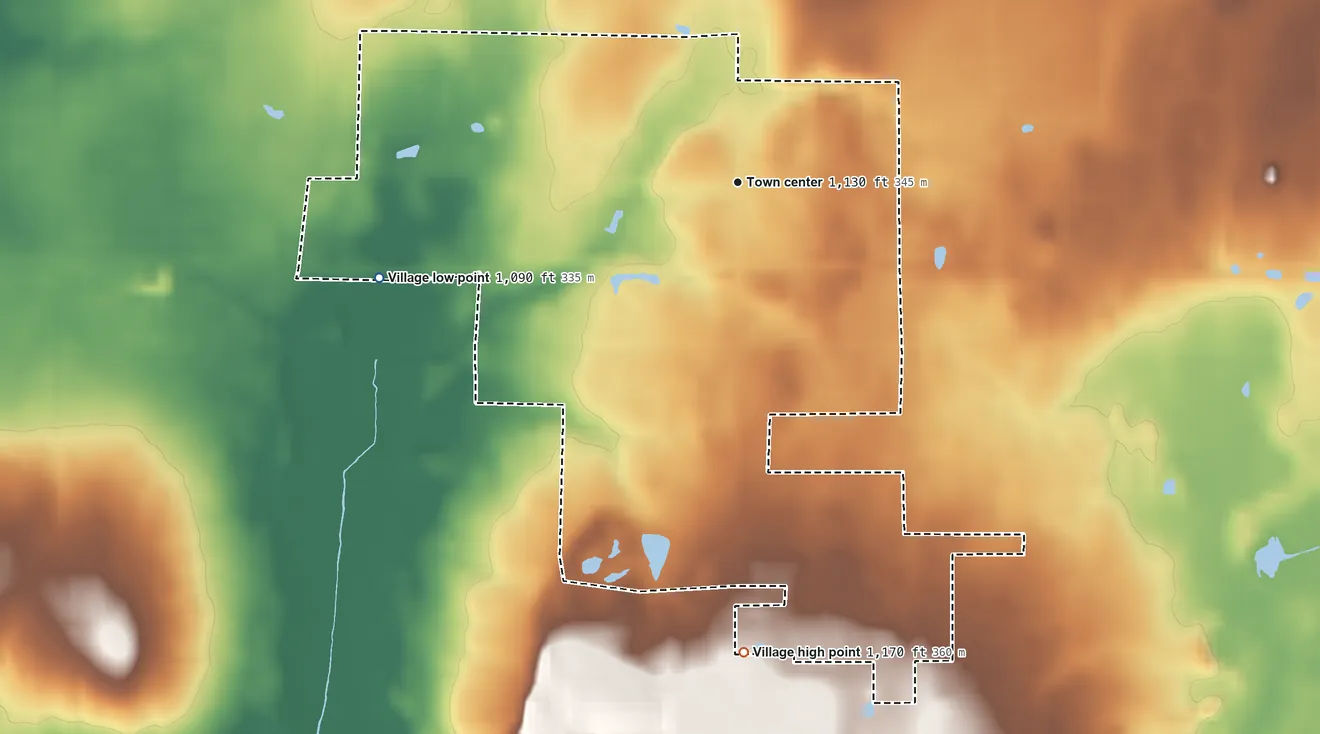 Topographic elevation map of Beloit, Ohio, shaded from 1,090 ft on the west side to 1,170 ft on the south side