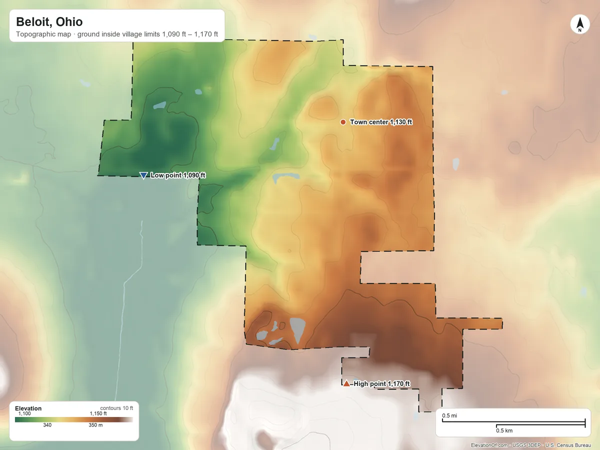 Topographic elevation map of Beloit, Ohio, shaded from 1,090 ft on the west side to 1,170 ft on the south side