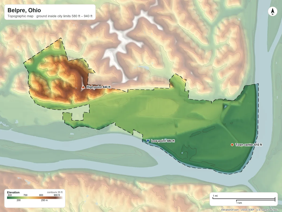 Topographic elevation map of Belpre, Ohio, shaded from 580 ft on the west side to 940 ft on the west side