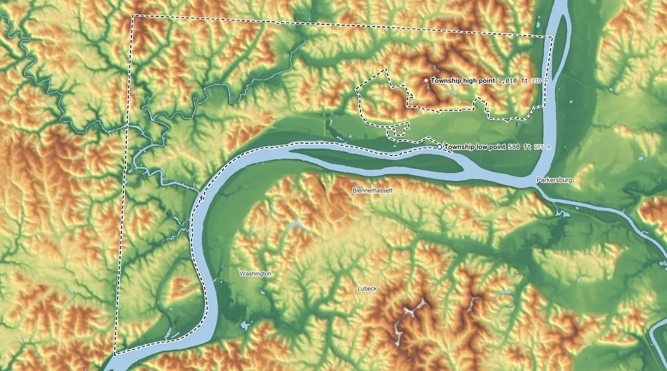 Topographic elevation map of Belpre Township, Ohio, shaded from 580 ft on the east side to 1,010 ft on the east side