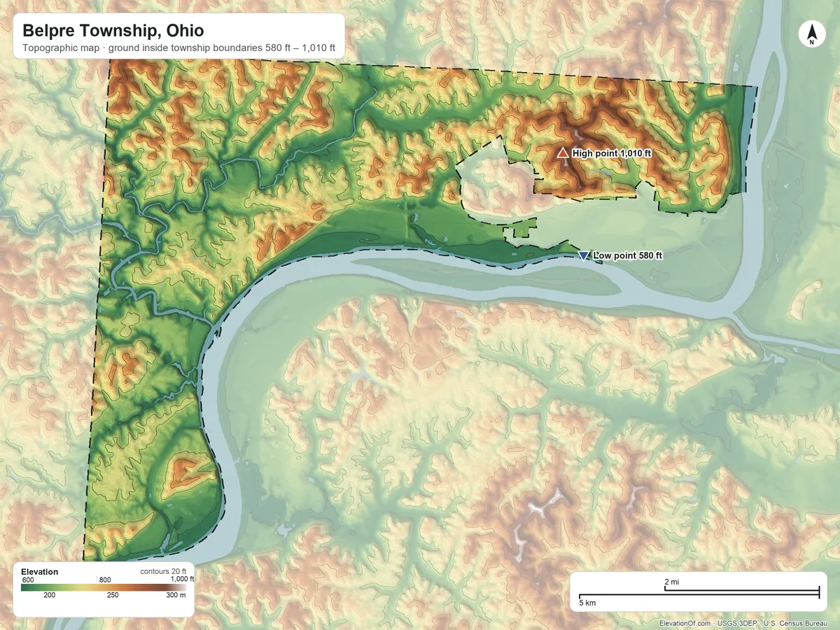 Topographic elevation map of Belpre Township, Ohio, shaded from 580 ft on the east side to 1,010 ft on the east side