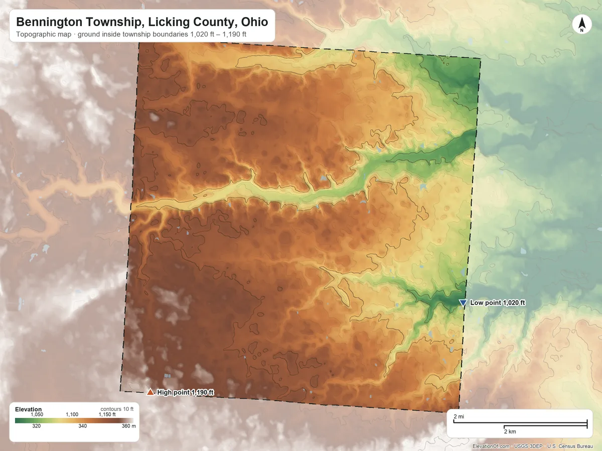 Topographic elevation map of Bennington Township, Licking County, Ohio, shaded from 1,020 ft on the southeast side to 1,190 ft on the southwest side