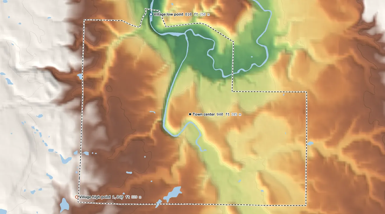 Topographic elevation map of Bentleyville, Ohio, shaded from 810 ft on the north side to 1,040 ft on the southwest side