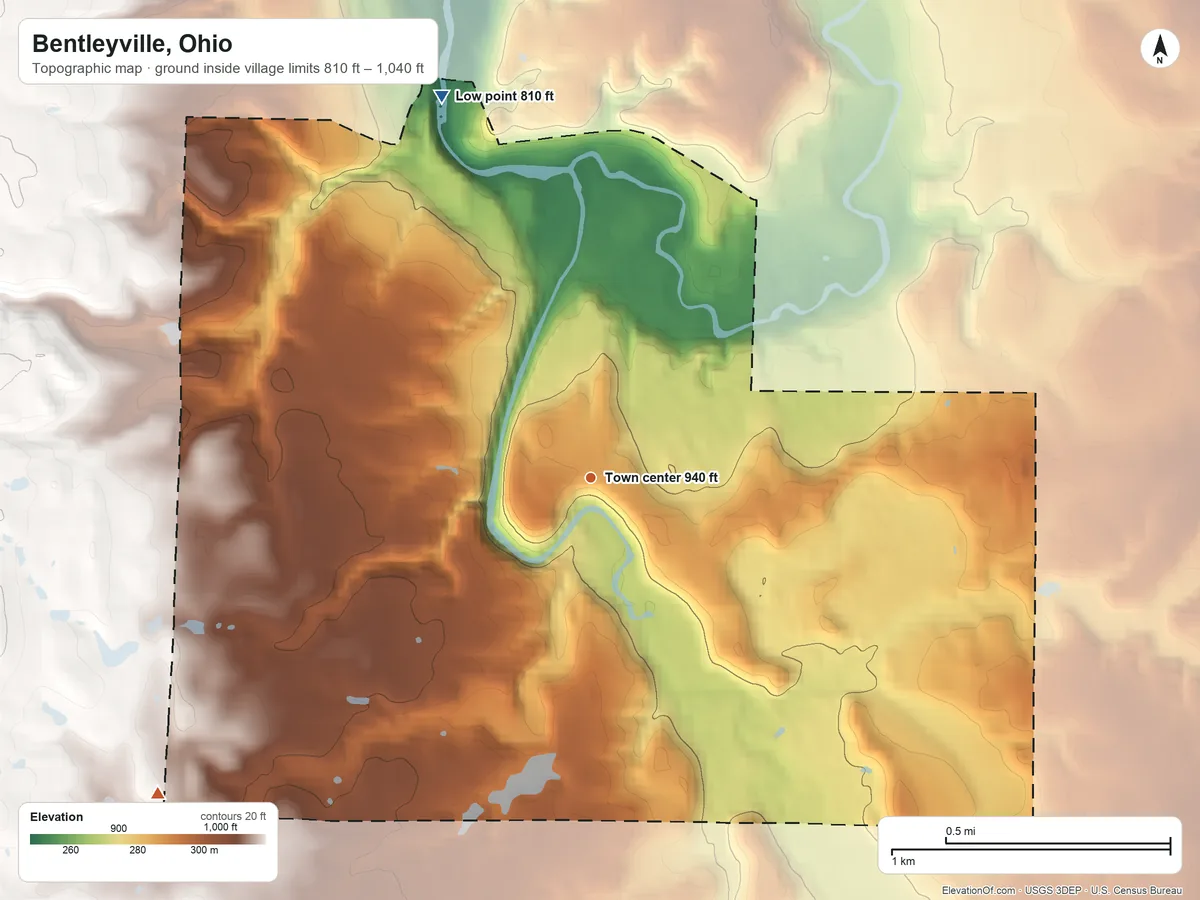 Topographic elevation map of Bentleyville, Ohio, shaded from 810 ft on the north side to 1,040 ft on the southwest side