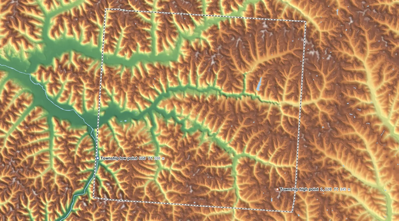 Topographic elevation map of Benton Township, Hocking County, Ohio, shaded from 660 ft on the southwest side to 1,120 ft on the southeast side
