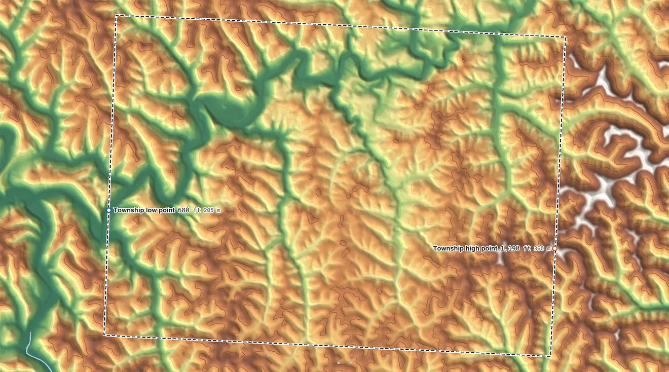 Topographic elevation map of Benton Township, Monroe County, Ohio, shaded from 680 ft on the west side to 1,190 ft on the east side