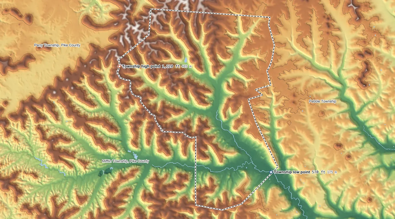 Topographic elevation map of Benton Township, Pike County, Ohio, shaded from 570 ft on the southeast side to 1,320 ft on the northwest side
