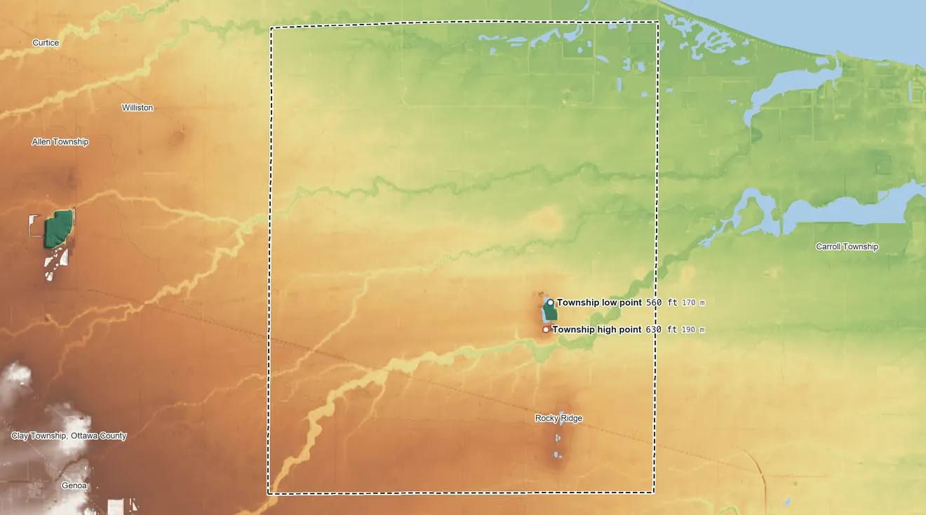 Topographic elevation map of Benton Township, Ohio, shaded from 560 ft on the east side to 630 ft on the east side
