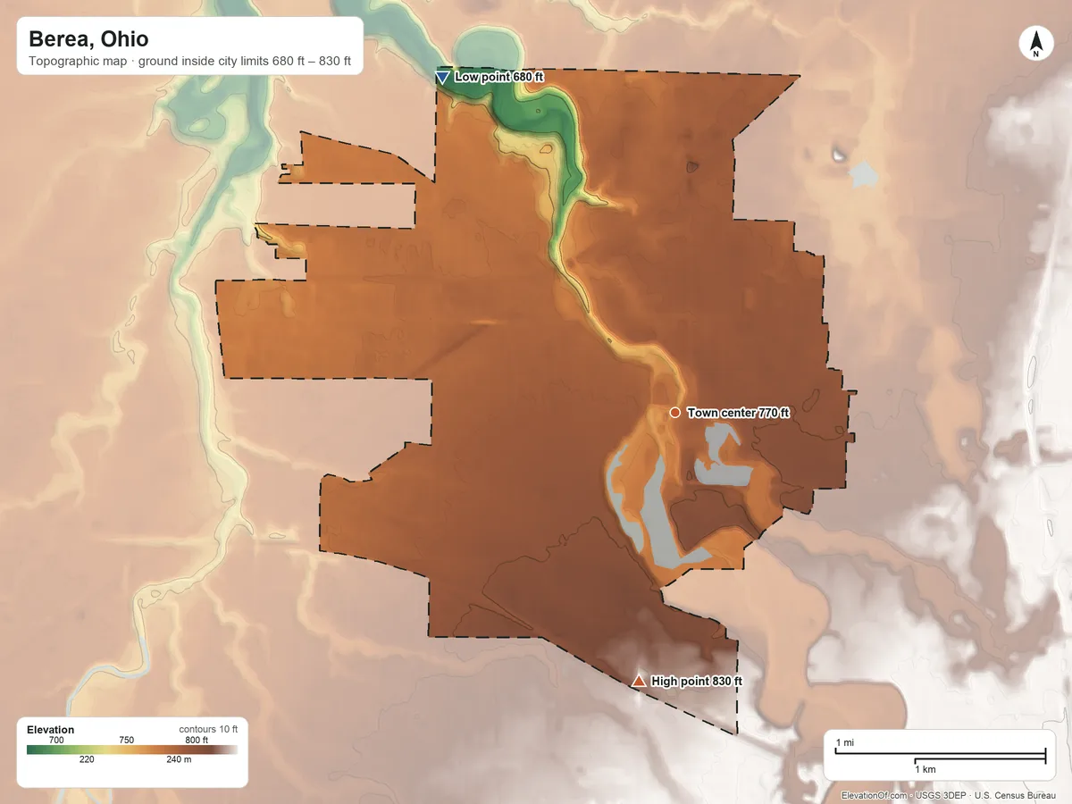 Topographic elevation map of Berea, Ohio, shaded from 680 ft on the northwest side to 830 ft on the south side