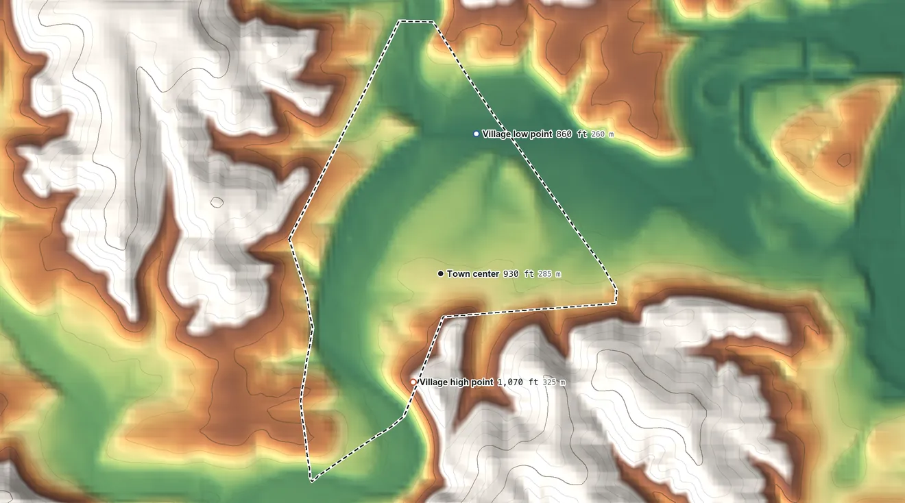 Topographic elevation map of Bergholz, Ohio, shaded from 860 ft on the north side to 1,070 ft on the south side
