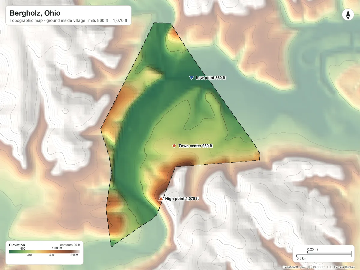 Topographic elevation map of Bergholz, Ohio, shaded from 860 ft on the north side to 1,070 ft on the south side