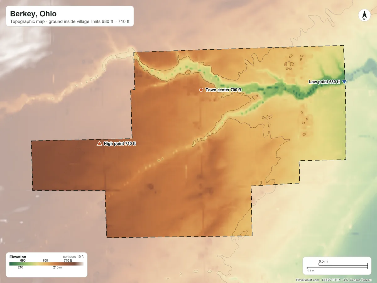 Topographic elevation map of Berkey, Ohio, shaded from 680 ft on the east side to 710 ft on the southwest side
