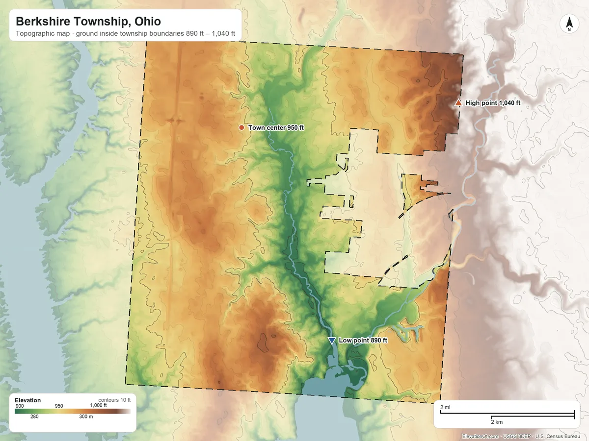 Topographic elevation map of Berkshire Township, Ohio, shaded from 890 ft on the southeast side to 1,040 ft on the east side