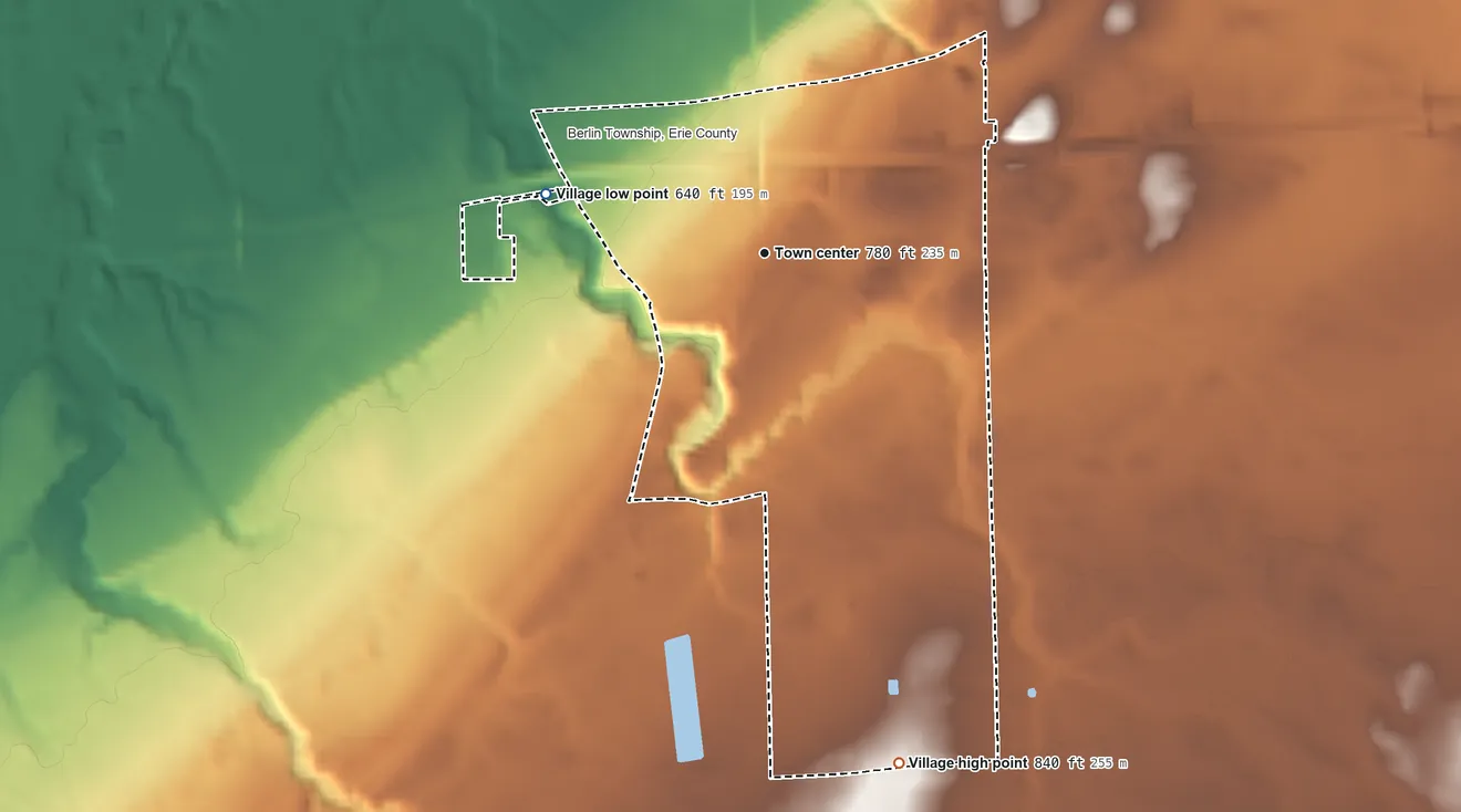 Topographic elevation map of Berlin Heights, Ohio, shaded from 640 ft on the west side to 840 ft on the south side