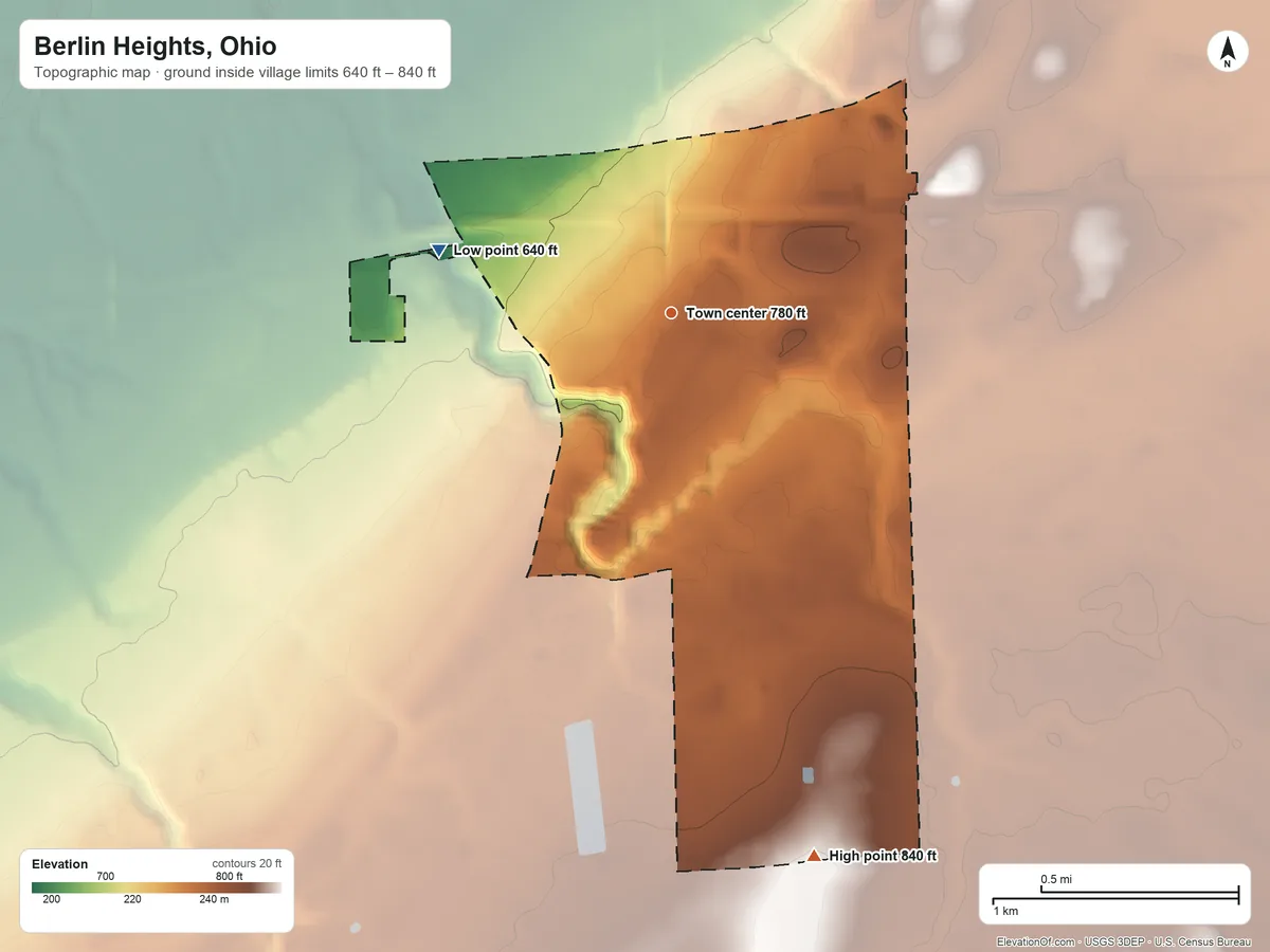 Topographic elevation map of Berlin Heights, Ohio, shaded from 640 ft on the west side to 840 ft on the south side