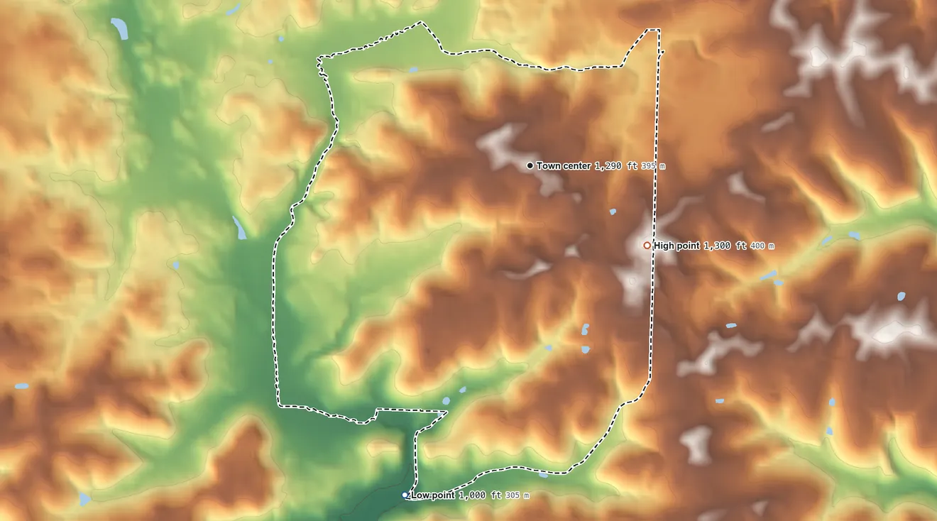 Topographic elevation map of Berlin, Ohio, shaded from 1,000 ft on the south side to 1,300 ft on the southeast side