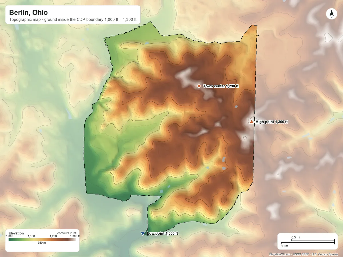 Topographic elevation map of Berlin, Ohio, shaded from 1,000 ft on the south side to 1,300 ft on the southeast side