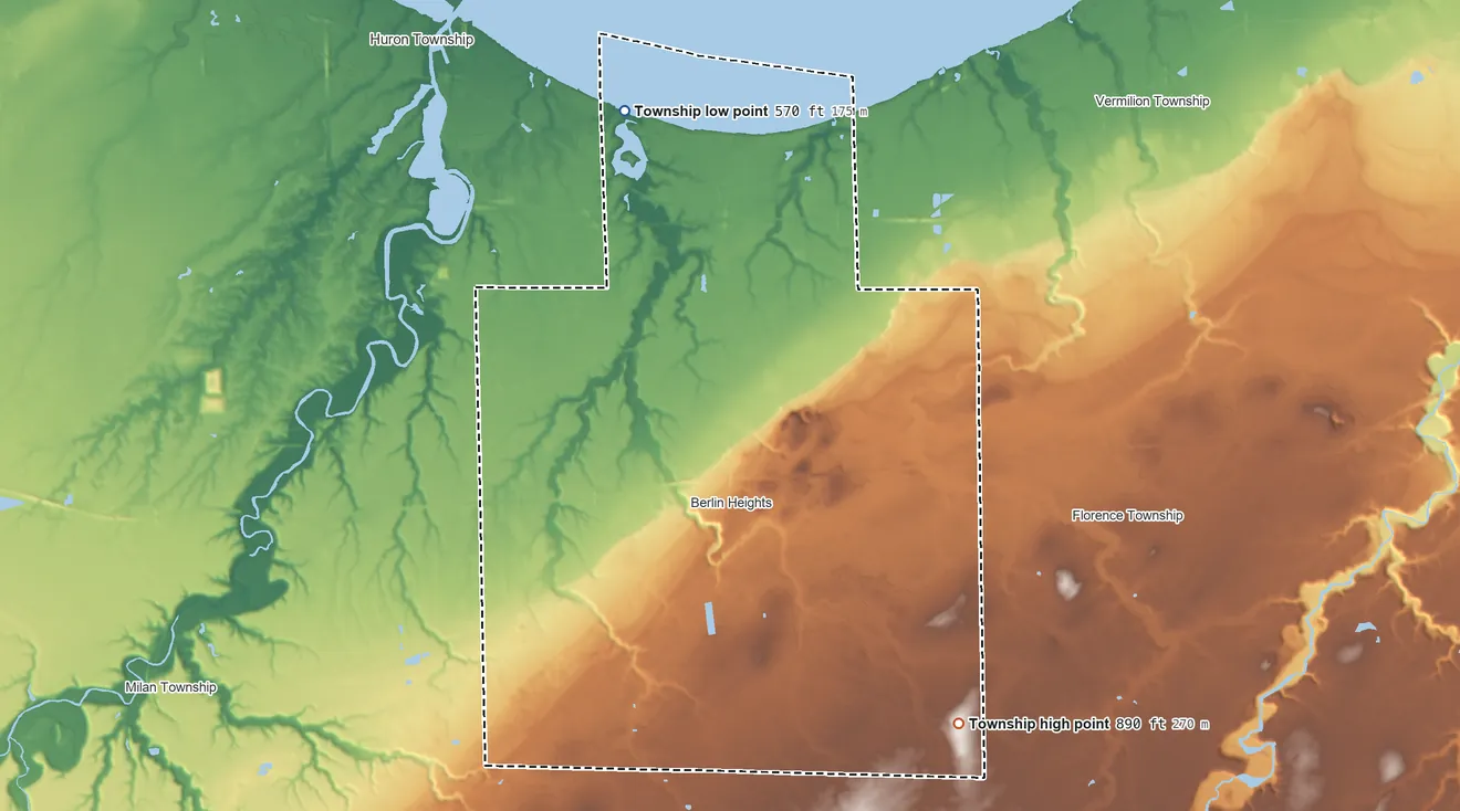 Topographic elevation map of Berlin Township, Erie County, Ohio, shaded from 570 ft on the north side to 890 ft on the southeast side
