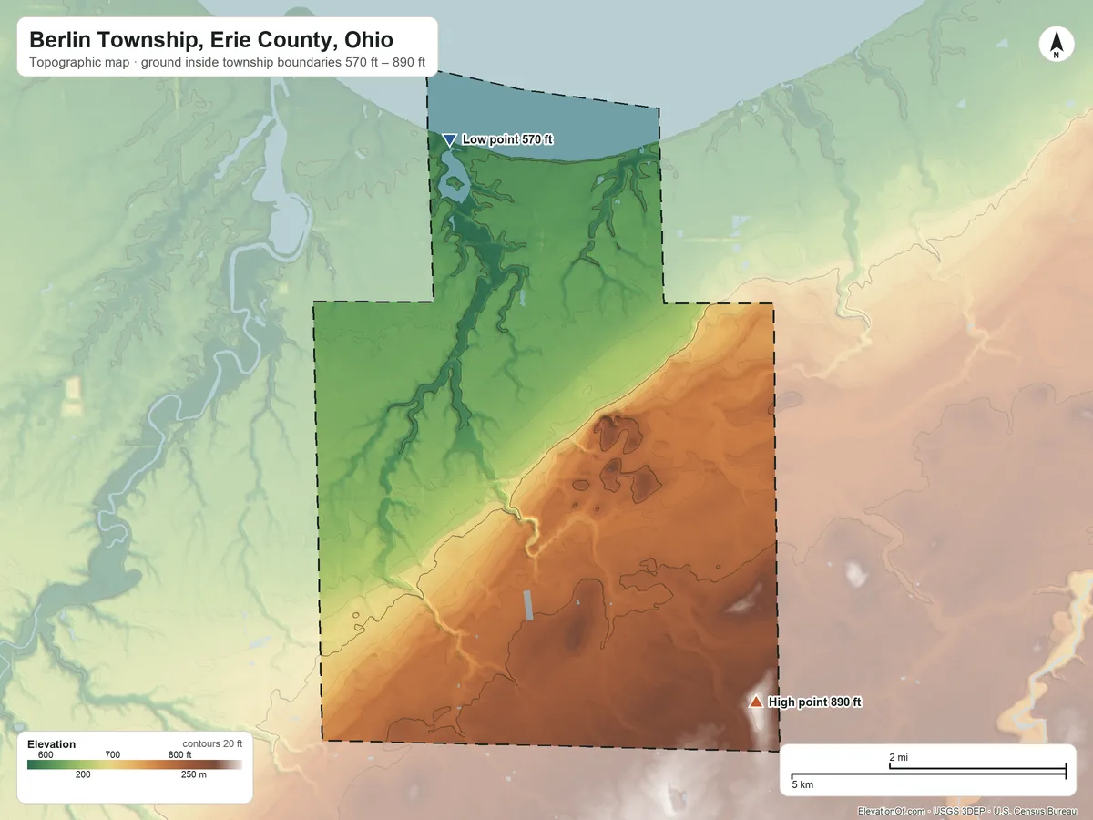 Topographic elevation map of Berlin Township, Erie County, Ohio, shaded from 570 ft on the north side to 890 ft on the southeast side