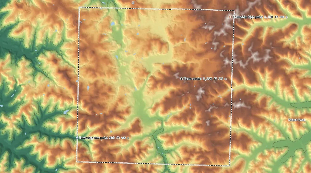 Topographic elevation map of Berlin Township, Holmes County, Ohio, shaded from 930 ft on the southwest side to 1,320 ft on the northeast side