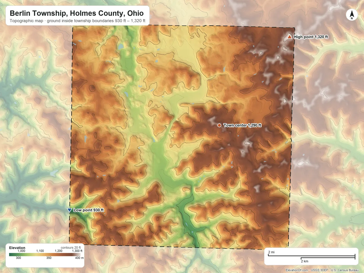 Topographic elevation map of Berlin Township, Holmes County, Ohio, shaded from 930 ft on the southwest side to 1,320 ft on the northeast side