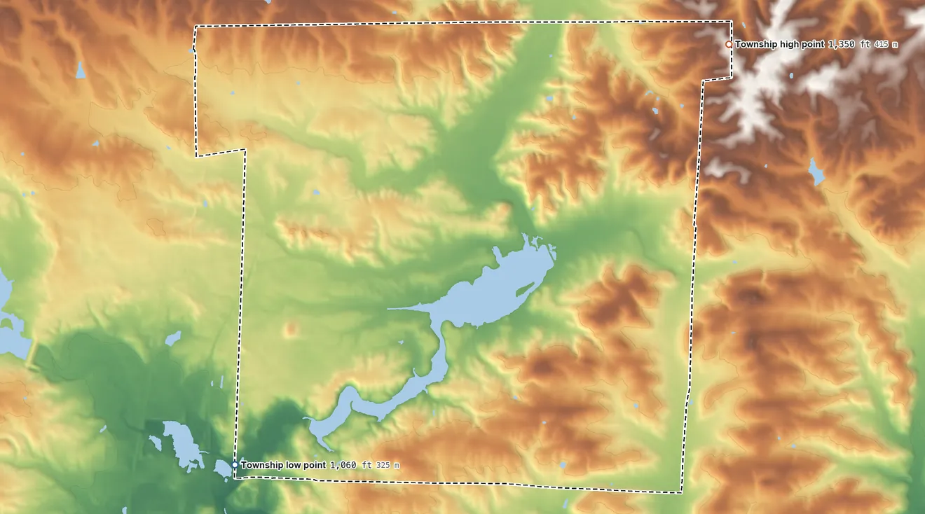Topographic elevation map of Berlin Township, Knox County, Ohio, shaded from 1,060 ft on the southwest side to 1,350 ft on the northeast side