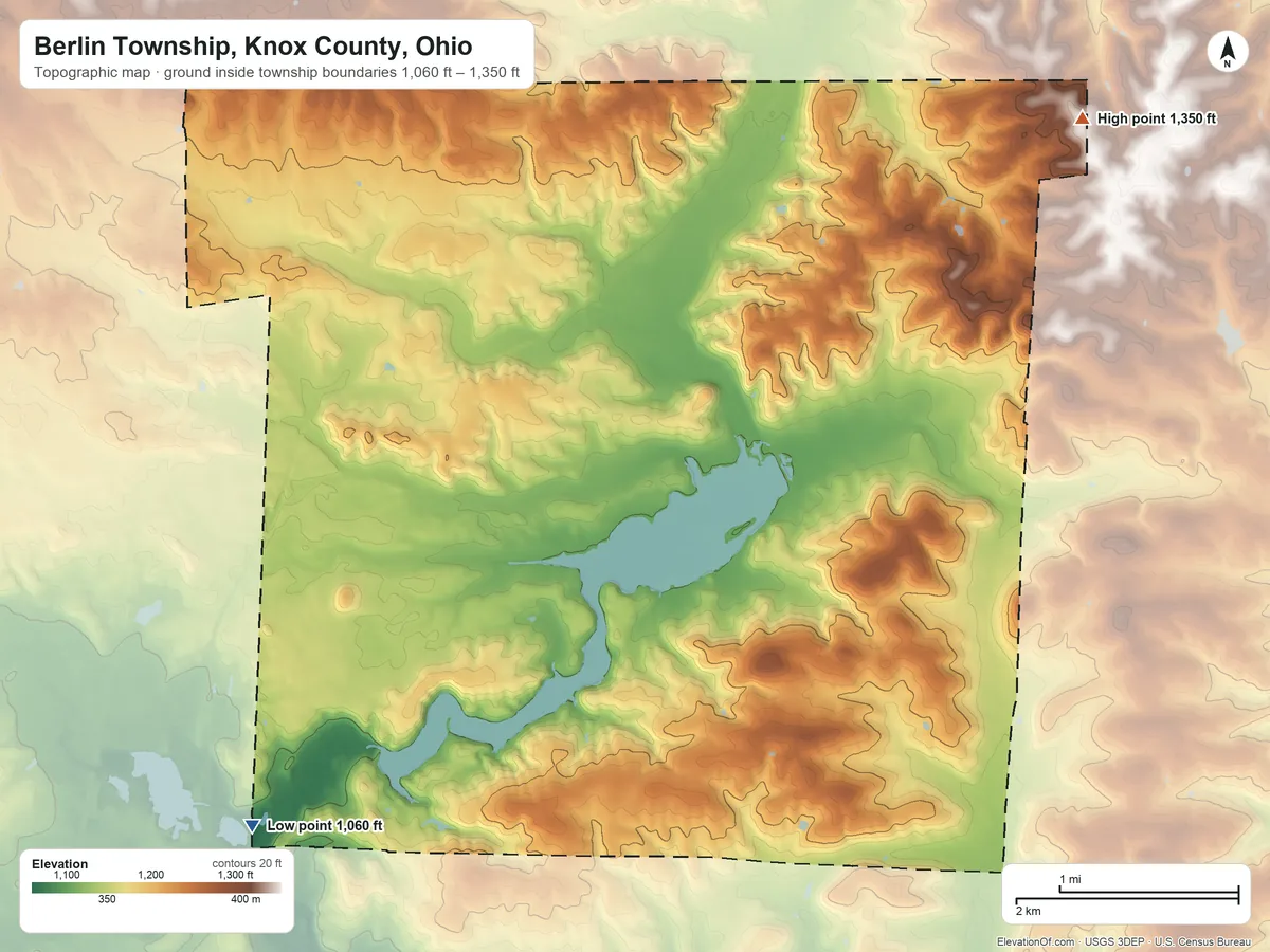 Topographic elevation map of Berlin Township, Knox County, Ohio, shaded from 1,060 ft on the southwest side to 1,350 ft on the northeast side