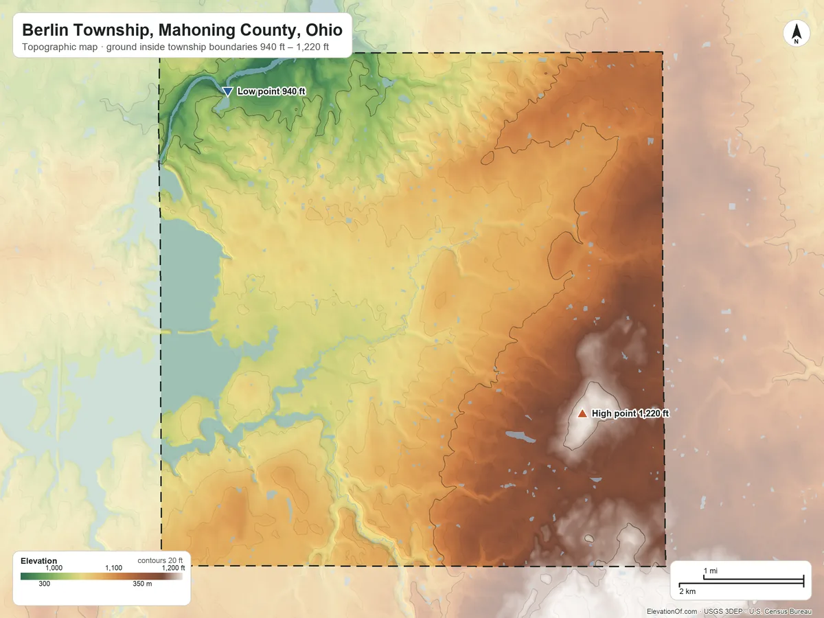 Topographic elevation map of Berlin Township, Mahoning County, Ohio, shaded from 940 ft on the northwest side to 1,220 ft on the southeast side