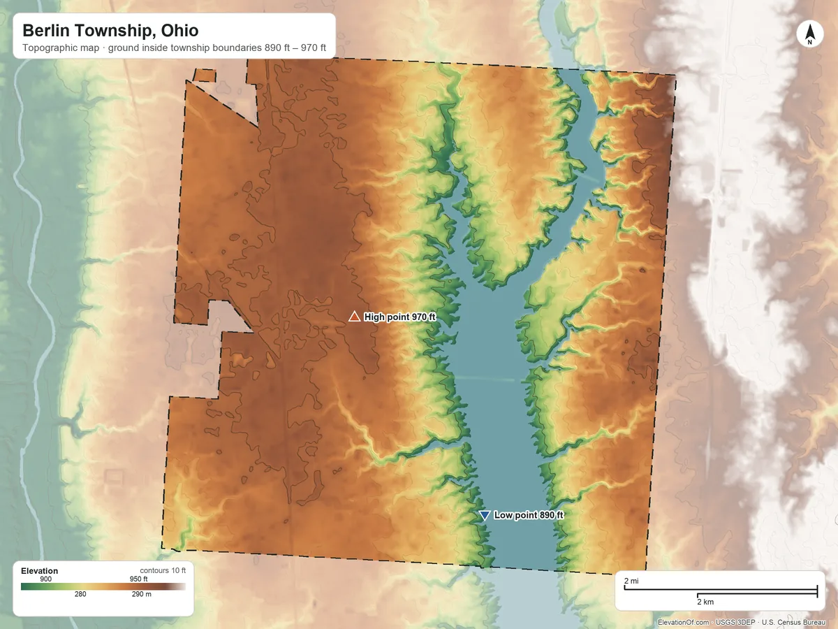 Topographic elevation map of Berlin Township, Ohio, shaded from 890 ft on the southeast side to 970 ft on the northwest side