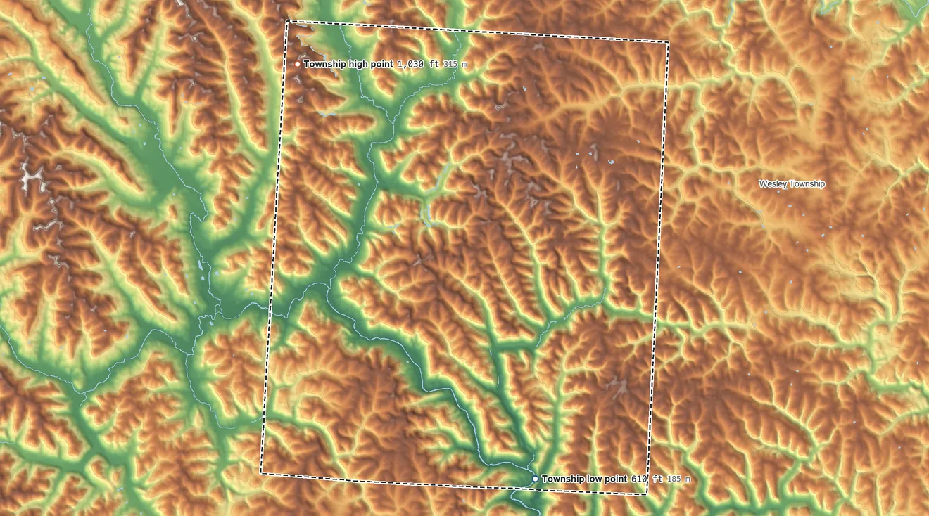 Topographic elevation map of Bern Township, Ohio, shaded from 610 ft on the south side to 1,030 ft on the northwest side